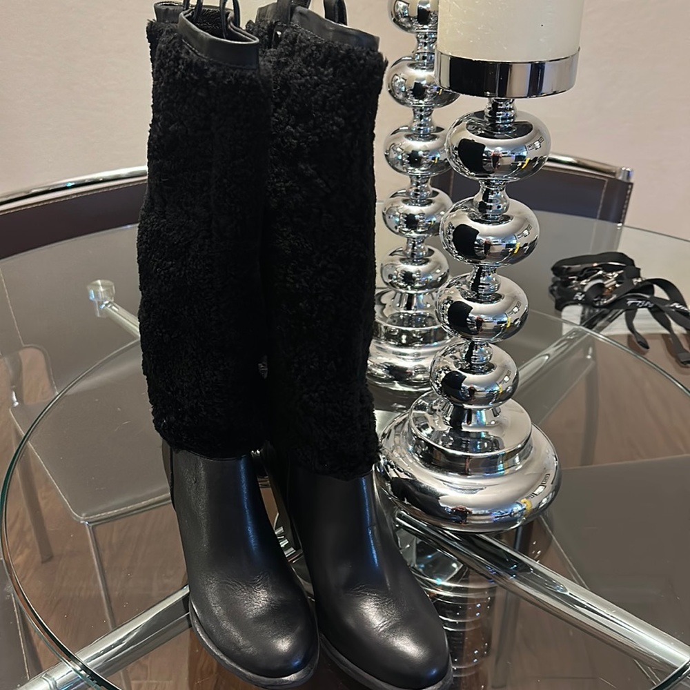 Ugg Tall Black Ava Exposed Fur Leather Knee High Heels Boots Size 8
